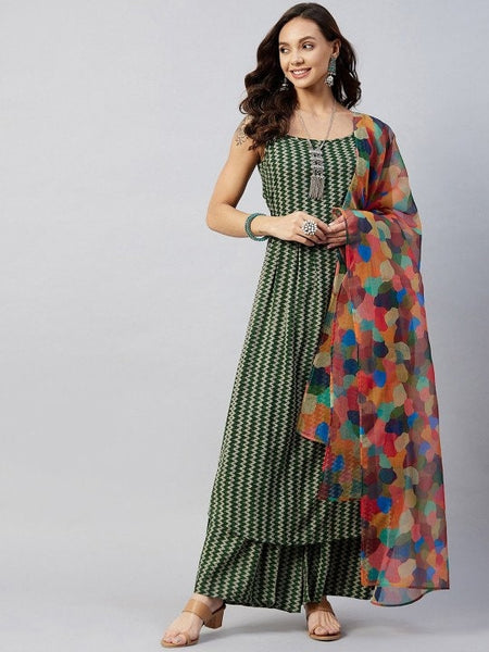 Women Green Printed Kurta with Palazzos and Dupatta, Chevron Printed Top & Palazzo Set, Indian Suit Set, Indo Western Outfit, Indian Dress VitansEthnics