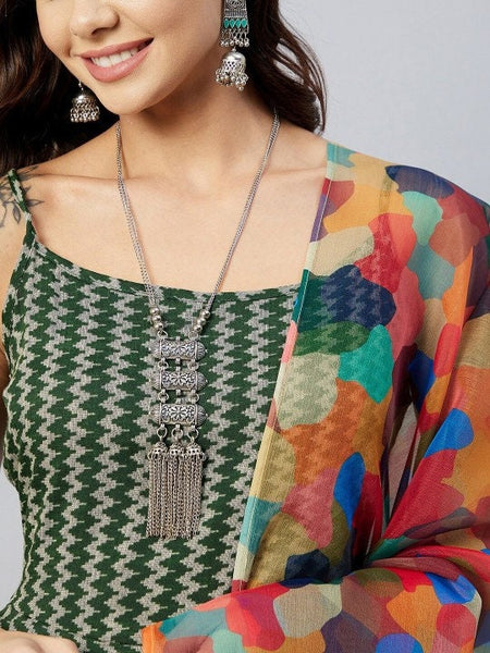 Women Green Printed Kurta with Palazzos and Dupatta, Chevron Printed Top & Palazzo Set, Indian Suit Set, Indo Western Outfit, Indian Dress VitansEthnics