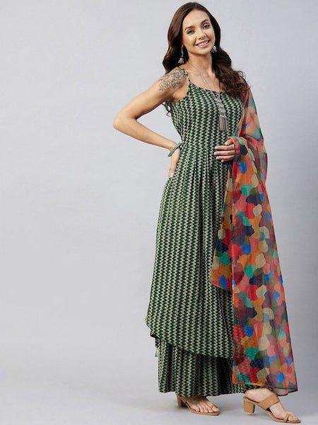 Women Green Printed Kurta with Palazzos and Dupatta, Chevron Printed Top & Palazzo Set, Indian Suit Set, Indo Western Outfit, Indian Dress VitansEthnics
