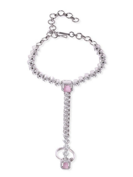 Cubic Zirconia Rhodium-Plated Ring Bracelet, Hand Harness For Women, Haath Phool, Bracelet With Adjustable Ring, Indian Traditional Bracelet VitansEthnics