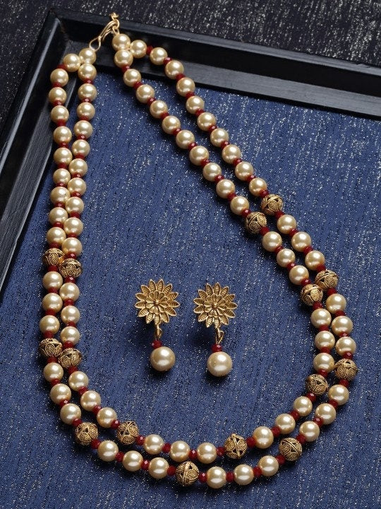 Gold-Plated & Pearl Beaded Handcrafted Jewelry Set For Women, Indian Necklace With Earrings Set, Bollywood Jewelry Set VitansEthnics