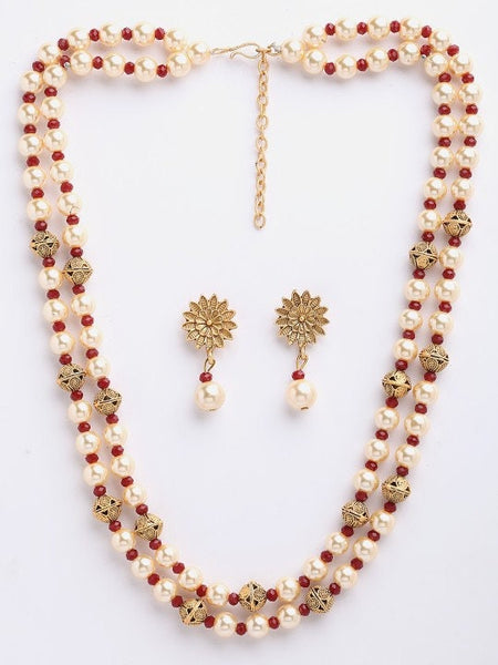 Gold-Plated & Pearl Beaded Handcrafted Jewelry Set For Women, Indian Necklace With Earrings Set, Bollywood Jewelry Set VitansEthnics