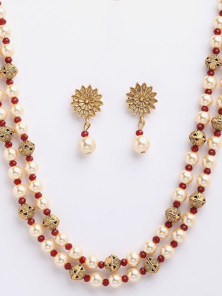 Gold-Plated & Pearl Beaded Handcrafted Jewelry Set For Women, Indian Necklace With Earrings Set, Bollywood Jewelry Set VitansEthnics