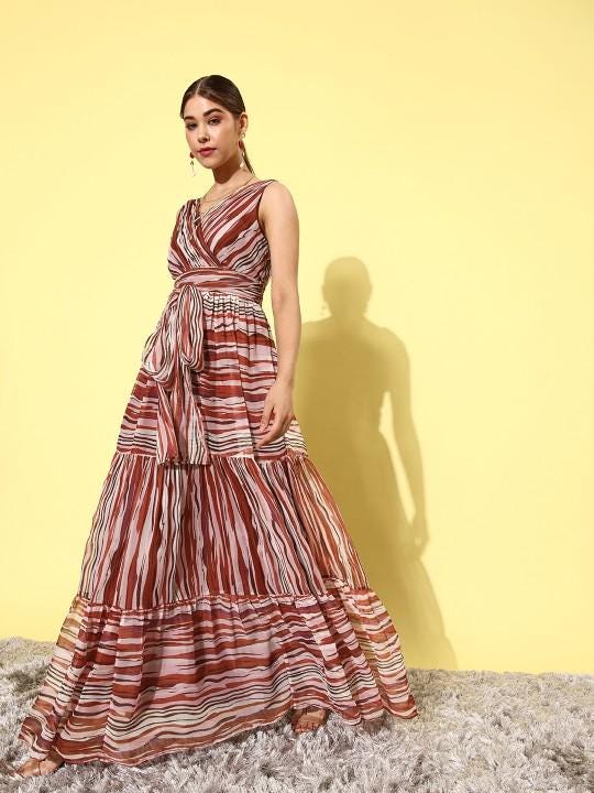 knee length dresses for ladies Women Rust Abstract Backless Sundress