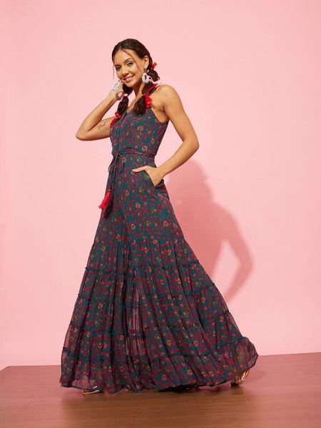 Floral Print Ruffled Jumpsuit For Women, Indian Dress For Women, Indian Jumpsuit, Indian Gown, Sleeveless Jumpsuit For Women VitansEthnics