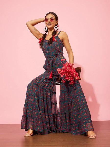 Floral Print Ruffled Jumpsuit For Women, Indian Dress For Women, Indian Jumpsuit, Indian Gown, Sleeveless Jumpsuit For Women VitansEthnics