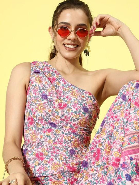 Floral Print One Shoulder Jumpsuit For Women, Indian Dress For Women, Indian Jumpsuit, Sleeveless Off Shoulder Jumpsuit For Women VitansEthnics