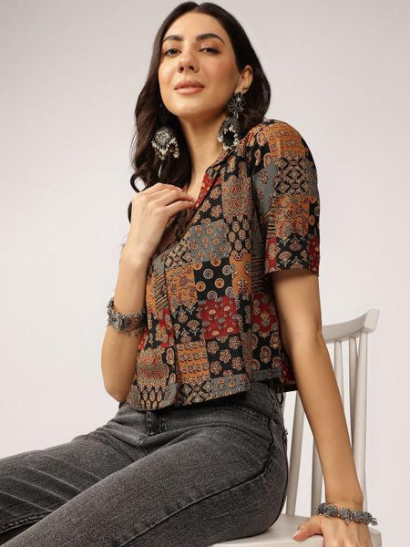 Ethnic Printed Cuban Collar Pure Cotton Shirt Style Indian Top, Pure Cotton Indian Top, Indian Blouse For Women, Indian Crop Shirt VitansEthnics