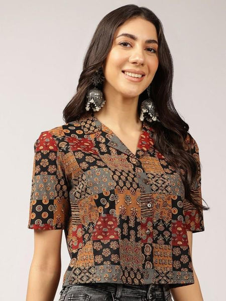 Ethnic Printed Cuban Collar Pure Cotton Shirt Style Indian Top, Pure Cotton Indian Top, Indian Blouse For Women, Indian Crop Shirt VitansEthnics