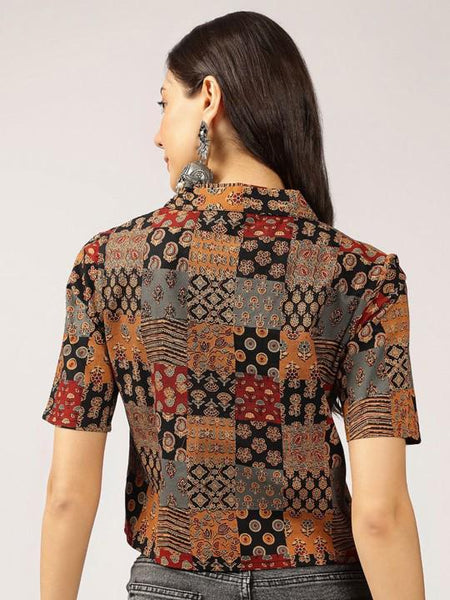 Ethnic Printed Cuban Collar Pure Cotton Shirt Style Indian Top, Pure Cotton Indian Top, Indian Blouse For Women, Indian Crop Shirt VitansEthnics
