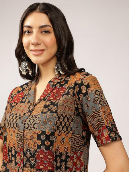 Ethnic Printed Cuban Collar Pure Cotton Shirt Style Indian Top, Pure Cotton Indian Top, Indian Blouse For Women, Indian Crop Shirt VitansEthnics