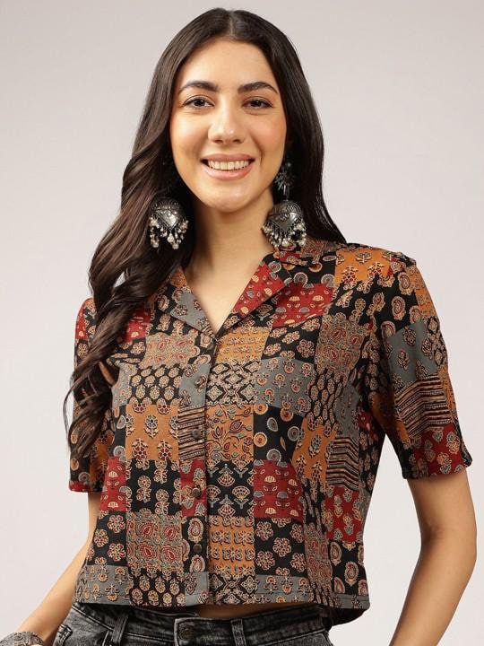 Ethnic Printed Cuban Collar Pure Cotton Shirt Style Indian Top, Pure Cotton Indian Top, Indian Blouse For Women, Indian Crop Shirt VitansEthnics