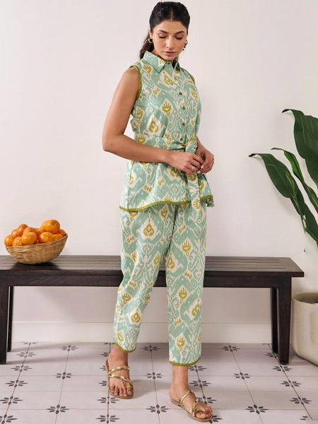 Ikat Printed Sleeveless Shirt & Trousers Co-Ords Set For Women, Top with Palazzo Set, Indo Western Outfit, Pure Cotton Ethnic Indian Dress VitansEthnics