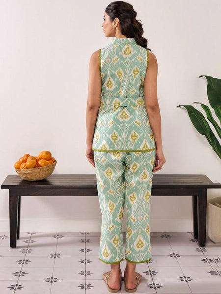 Ikat Printed Sleeveless Shirt & Trousers Co-Ords Set For Women, Top with Palazzo Set, Indo Western Outfit, Pure Cotton Ethnic Indian Dress VitansEthnics