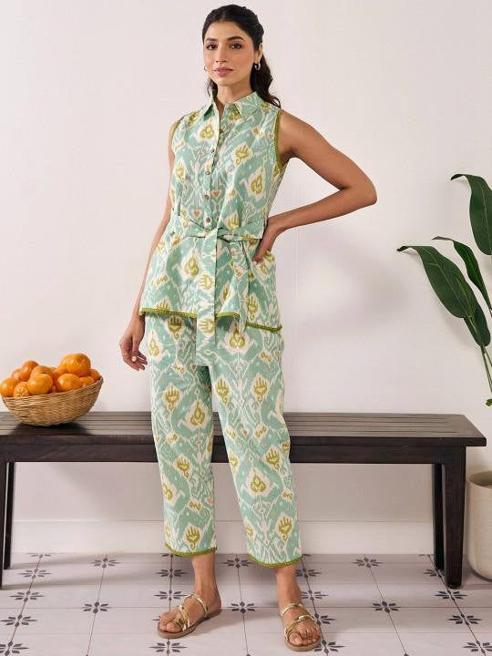 Ikat Printed Sleeveless Shirt & Trousers Co-Ords Set For Women, Top with Palazzo Set, Indo Western Outfit, Pure Cotton Ethnic Indian Dress VitansEthnics