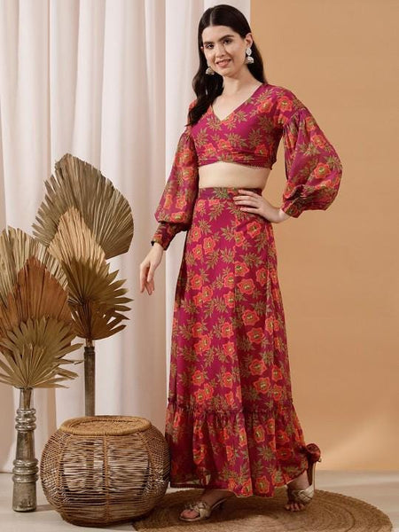 Floral Printed Crop Top With Skirt Co-Ords Set For Women, Indian Top with Skirt Set, Ethnic Indo Western Fusion Outfit, Coords, Lehenga VitansEthnics