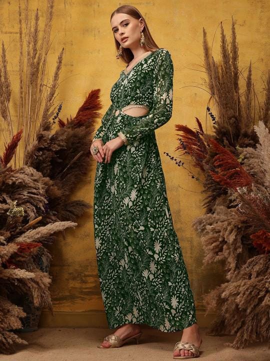 ethnic maxi dress with sleeves Embellished Printed Cut-Out Detail Maxi Ethnic Dress S