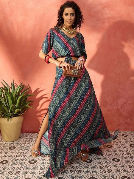 Printed Crop Top With Skirt For Women, Indian Dress, Party Indo Western Outfit, Indian Coords, Crop Top With Side Slit Skirt VitansEthnics