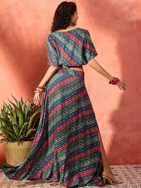 Printed Crop Top With Skirt For Women, Indian Dress, Party Indo Western Outfit, Indian Coords, Crop Top With Side Slit Skirt VitansEthnics