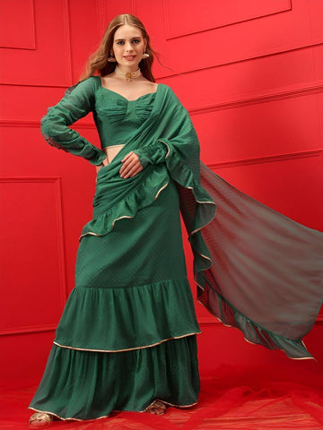 Ready To Wear Saree, Self Design Crop Top & Skirt With Attached Dupatta Co-ord Set, Ethnic Indo Western Fusion Outfit, Lehenga Choli VitansEthnics