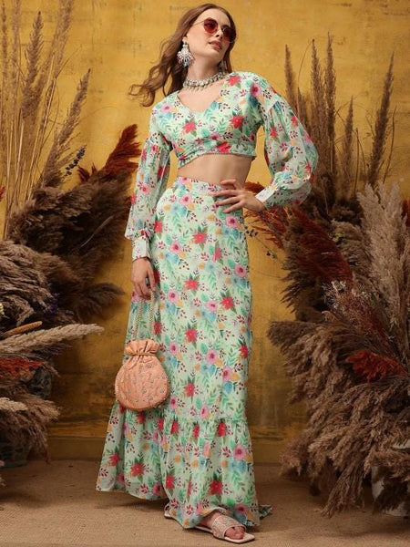Floral Printed Crop Top With Skirt For Women, Indian Lehenga Choli, Wedding Guest Outfit, Indian Dress, Party Indo Western Dress VitansEthnics