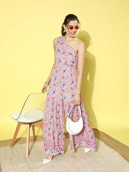 Floral Print One Shoulder Jumpsuit For Women, Indian Dress For Women, Indian Jumpsuit, Sleeveless Off Shoulder Jumpsuit For Women VitansEthnics