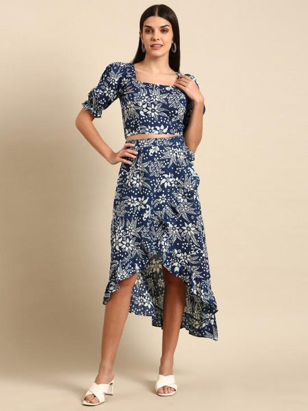 Floral Printed Crop Top With Skirt Co-Ords Set For Women, Indian Top with Skirt Set, Pure Cotton Ethnic Indo Western Fusion Outfit, Coords VitansEthnics
