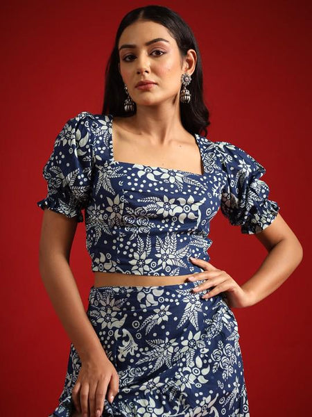Floral Printed Crop Top With Skirt Co-Ords Set For Women, Indian Top with Skirt Set, Pure Cotton Ethnic Indo Western Fusion Outfit, Coords VitansEthnics