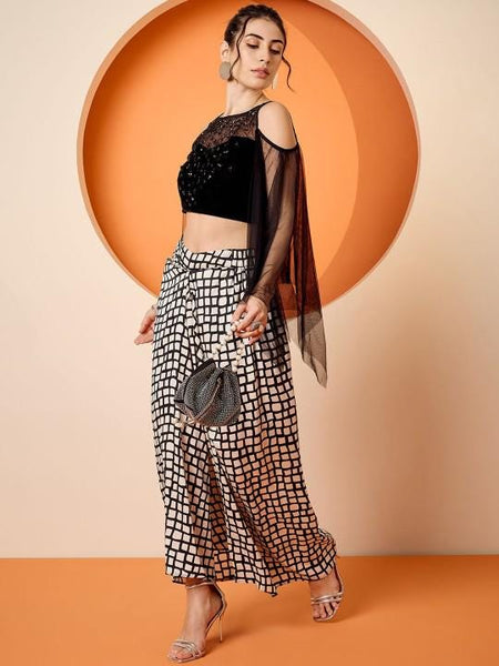 Black Embellished Crop Top & Draped Skirt Set For Women, Indian Top with Dhoti Skirt Set, Ethnic Indo Western Fusion Outfit, Coords VitansEthnics