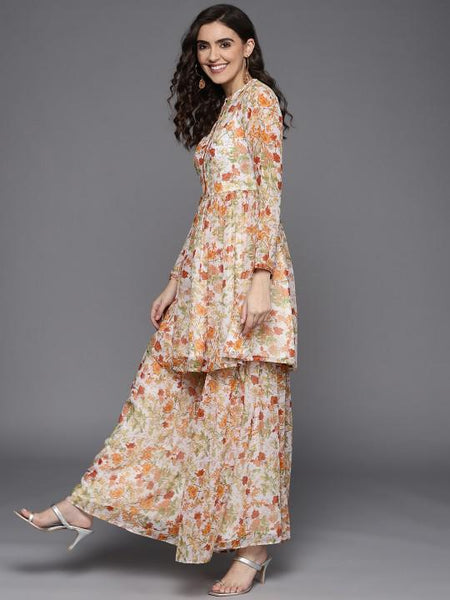 Long Sleeves Floral Printed Anarkali Kurta with Sharara For Women, Co-Ords Set, Palazzo Kurti Set, Coord Set, Ethnic Indian Dress, Kurti Set VitansEthnics