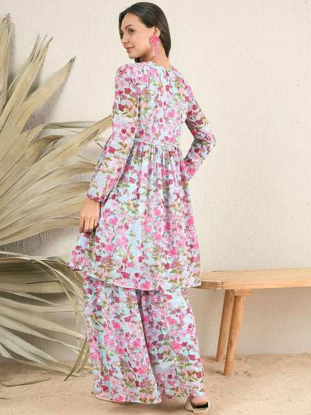 Long Sleeves Floral Printed Anarkali Kurta with Sharara For Women, Co-Ords Set, Palazzo Kurti Set, Coord Set, Ethnic Indian Dress, Kurti Set VitansEthnics
