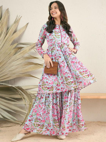 Long Sleeves Floral Printed Anarkali Kurta with Sharara For Women, Co-Ords Set, Palazzo Kurti Set, Coord Set, Ethnic Indian Dress, Kurti Set VitansEthnics