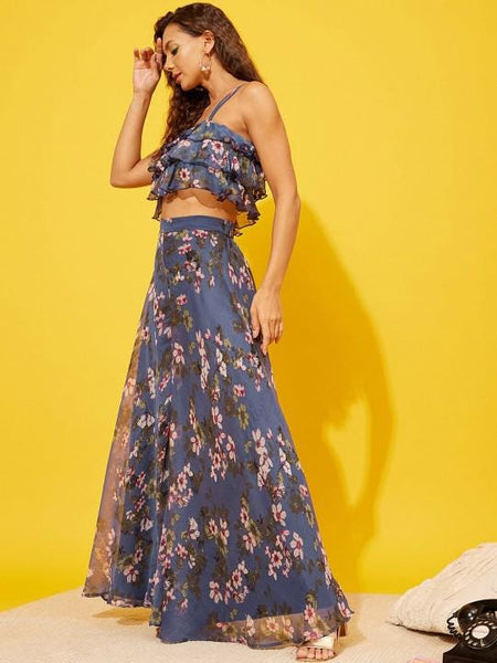 Floral Printed Ruffled Crop Top With Palazzo Set for Women Coord Set Festival Outfit Ethnic Indian Dress Indo Western Outfit VitansEthnics