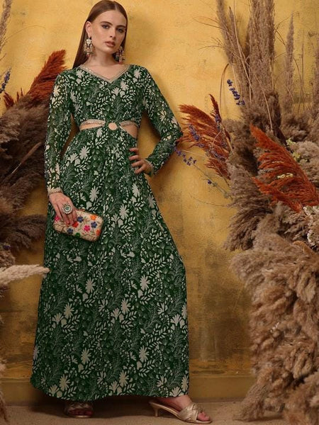 Embellished Printed Cut-Out Detail Maxi Ethnic Dress For Women, Indian Dress For Women, Indo Western Outfit, Maxi Dress For Women VitansEthnics