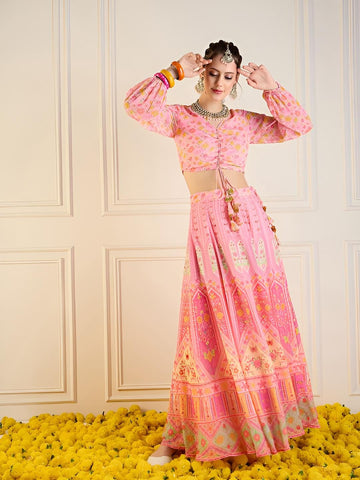 Printed Crop Top With Skirt For Women, Indian Lehenga Choli, Wedding Guest Outfit, Indian Dress, Indian Gown Party Indo Western Dress VitansEthnics