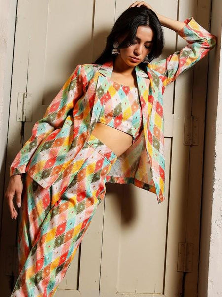 Printed Crop Top With Trousers and Blazer Set for Women, Coord Set, Ethnic Indian Dress, Indo Western Outfit, Crop Top With Pants and Jacket VitansEthnics