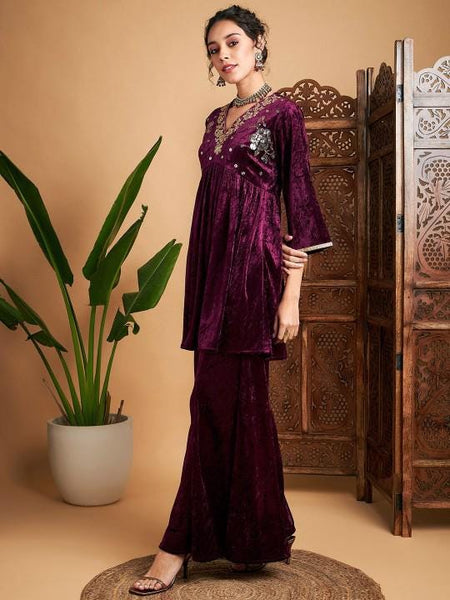 Embroidered Velvet Anarkali Kurta With Palazzo For Women, Tunic With Palazzo, Indian Dress, Party Wear Indo Western Outfit, Kurti Set VitansEthnics