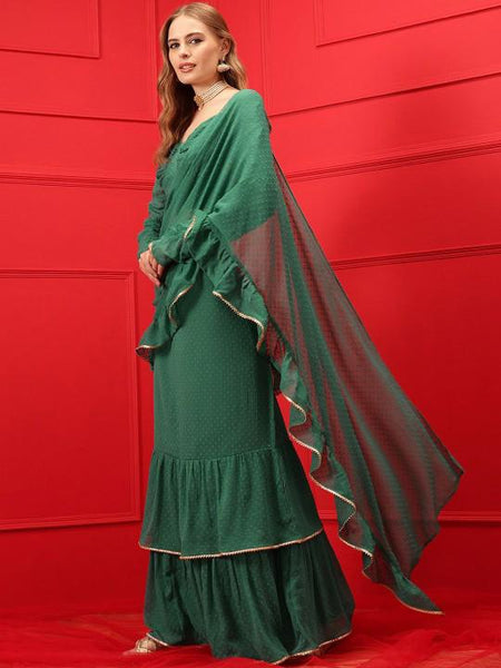 Ready To Wear Saree, Self Design Crop Top & Skirt With Attached Dupatta Co-ord Set, Ethnic Indo Western Fusion Outfit, Lehenga Choli VitansEthnics