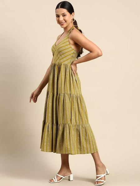 Ethnic Motifs Printed Smocked Fit & Flare Midi Dress For Women, Indian Dress For Women, Indo Western Outfit, Pure Cotton Dress For Women VitansEthnics