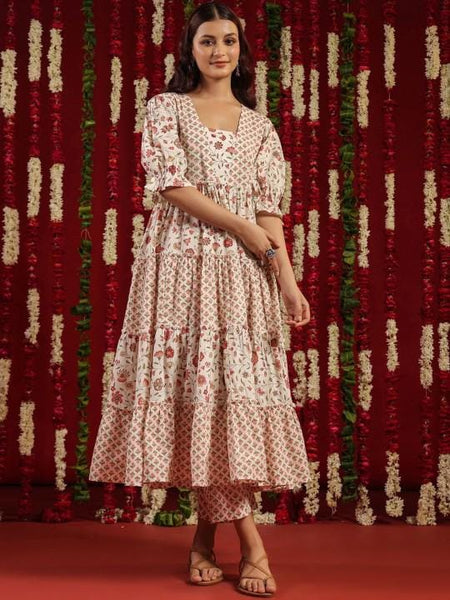 White & Pink Floral Print Tiered Pure Cotton Anarkali Kurta with Trousers For Women, Indian Dress, Party Wear Indo Western Outfit, Kurti Set VitansEthnics