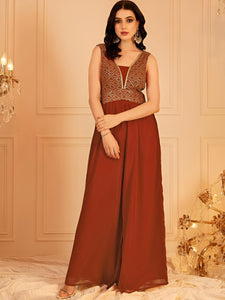 Rust Embroidered Jumpsuit For Women, Indian Dress For Women, Indian Jumpsuit, Indian One Piece, Indo Western Outfit, Wedding Guest Outfit VitansEthnics
