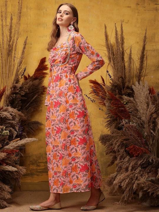 chinese dress ladies Long Maxi Dress for Women Floral Printed Indian Handblcok Printed Cotton  Dress M to XXL Nightwear Dresses (B. Pink, L) at Amazon Women's Clothing  store main image 1