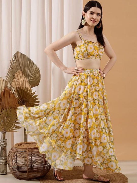 Floral Printed Crop Top With Skirt And Dupatta For Women, Indian Lehenga Choli, Wedding Guest Outfit, Indian Dress, Party Indo Western Dress VitansEthnics