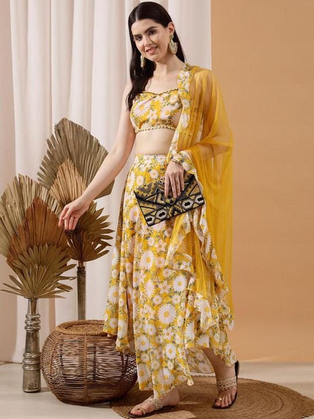 Floral Printed Crop Top With Skirt And Dupatta For Women, Indian Lehenga Choli, Wedding Guest Outfit, Indian Dress, Party Indo Western Dress VitansEthnics