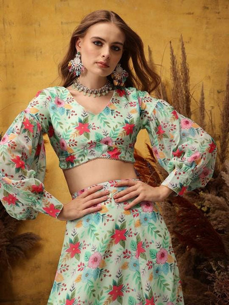 Floral Printed Crop Top With Skirt For Women, Indian Lehenga Choli, Wedding Guest Outfit, Indian Dress, Party Indo Western Dress VitansEthnics