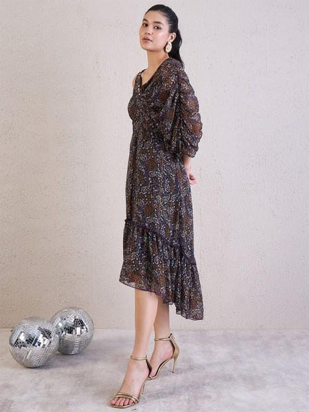 Embellished Layered Fit and Flare Midi Dress For Women, Indian Dress For Women, Indo Western Outfit, Floral Party Wear Dress For Women VitansEthnics