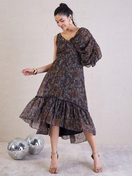 Embellished Layered Fit and Flare Midi Dress For Women, Indian Dress For Women, Indo Western Outfit, Floral Party Wear Dress For Women VitansEthnics