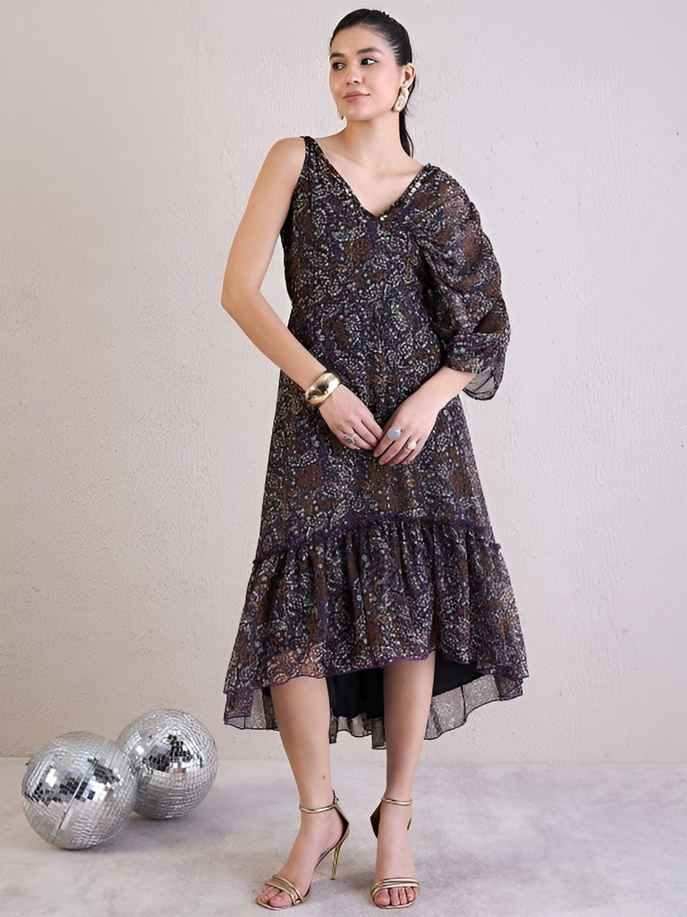 Embellished Layered Fit and Flare Midi Dress VitansEthnics Embellished Layered Fit and Flare Midi Dress VitansEthnics