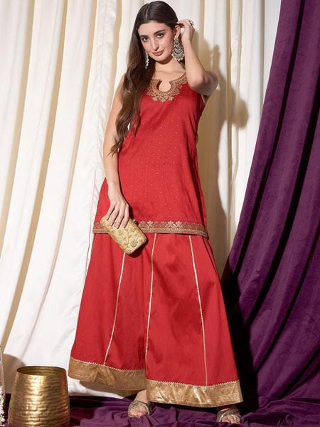 Embroidered Short Kurti with Sharara Pants For Women, Tunic With Palazzo, Indian Dress, Party Wear Indo Western Outfit, Kurti Set VitansEthnics