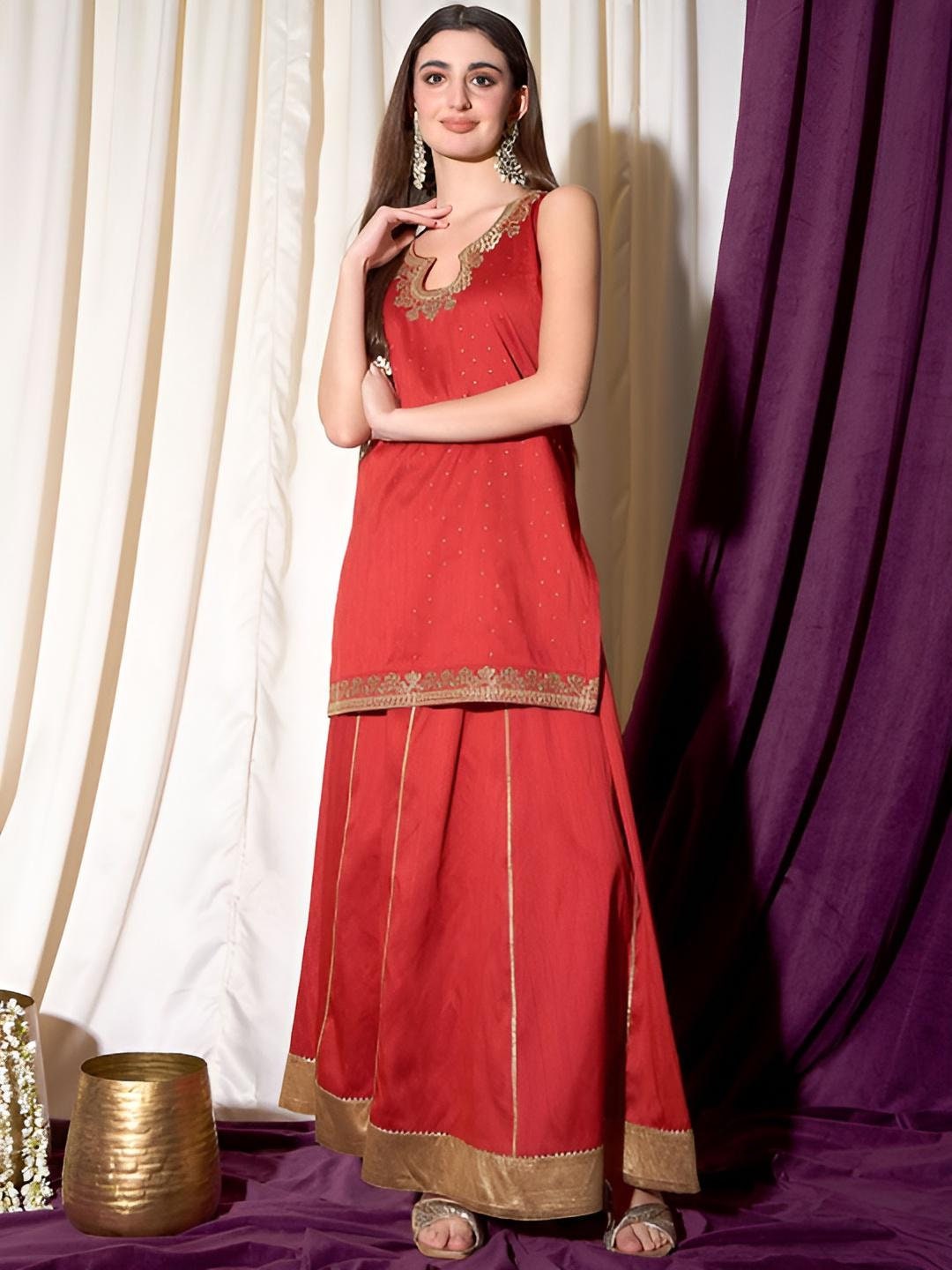 Embroidered Short Kurti with Sharara Pants For Women, Tunic With Palazzo, Indian Dress, Party Wear Indo Western Outfit, Kurti Set VitansEthnics